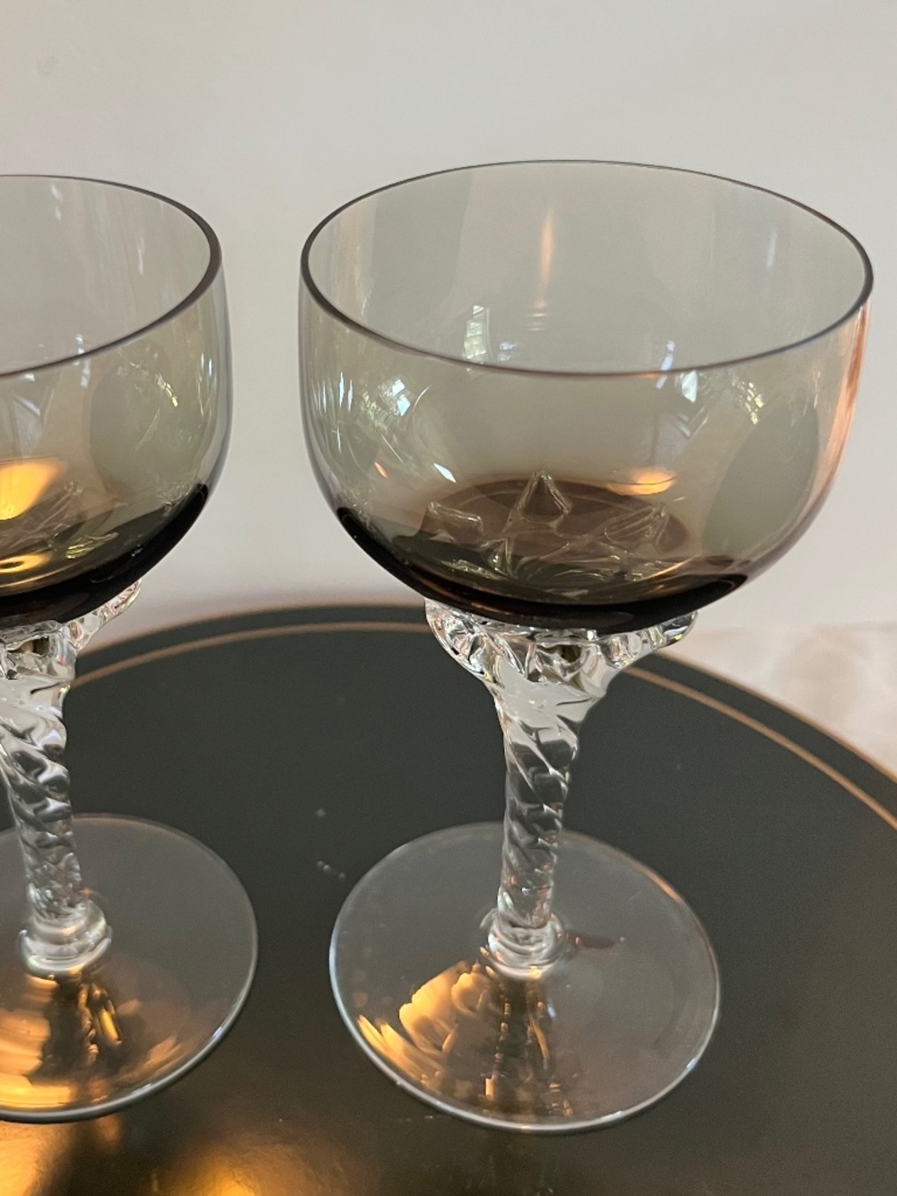 Vintage Smoked Grey Coupe Glasses Pair Clear Sculpted Stems Retro Barware